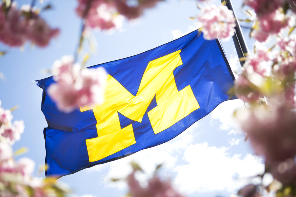 Michigan flag behind flowers